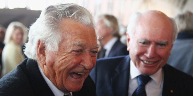 SYDNEY, AUSTRALIA - JUNE 25: Bob Hawke talks with John Howard as they attend a state memorial service for the late Hazel Hawke, ex-wife of former Australian Prime Minister, Bob Hawke at the Sydney Opera House on June 25, 2013 in Sydney, Australia. (Photo by Don Arnold/WireImage)