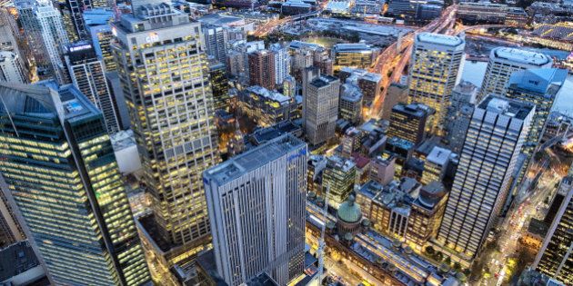 View of Sydney Business District at dusk, Sydney, New South Wales, Australia.