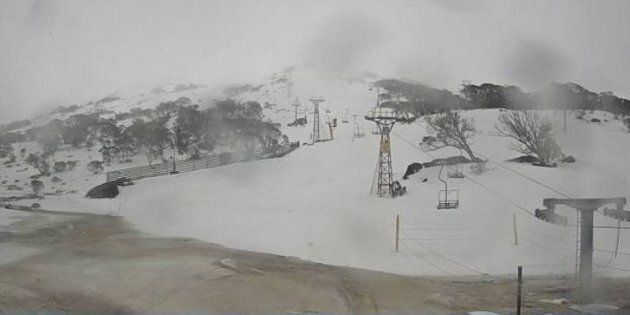 The bottom of the Mt Perisher double chairlift. Normally you ski onto the lift through the area where a river has sprung up.