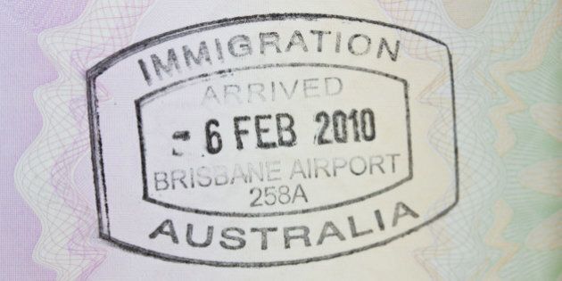 A close up of a passport stamp for immigration to Australia