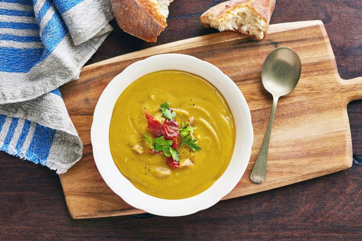 Serve this creamy pea and ham soup with crusty, buttered sourdough.