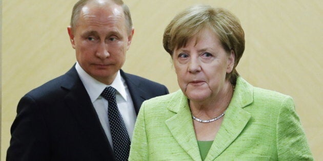 SOCHI, RUSSIA - MAY 2, 2017: Russia's President Vladimir Putin (L) and Germany's Chancellor Angela Merkel after a joint news conference following their talks at Bocharov Ruchei residence. Mikhail Metzel/TASS (Photo by Mikhail Metzel\TASS via Getty Images)