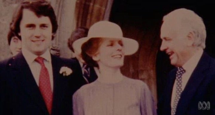 Malcolm and Lucy Turnbull on their wedding day with Bruce Turnbull.