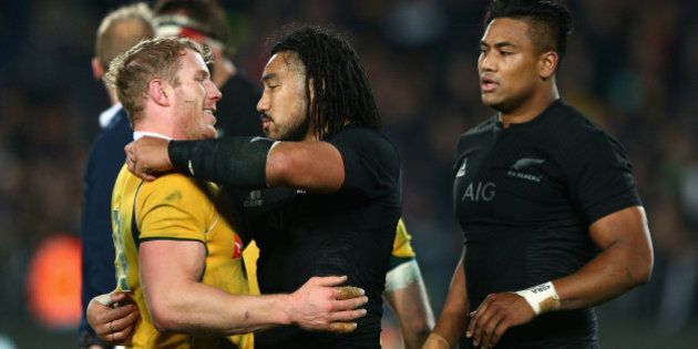AUCKLAND, NEW ZEALAND - AUGUST 15: David Pocock of the Wallabies and Ma'a Nonu of the All Blacks embrace following The Rugby Championship, Bledisloe Cup match between the New Zealand All Blacks and the Australian Wallabies at Eden Park on August 15, 2015 in Auckland, New Zealand. (Photo by Cameron Spencer/Getty Images)