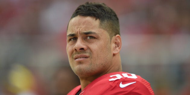 SANTA CLARA, CA - OCTOBER 18: Jarryd Hayne #38 of the San Francisco 49ers looks on from the sidelines against the Baltimore Ravens during an NFL game at Levi's Stadium on October 18, 2015 in Santa Clara, California. (Photo by Thearon W. Henderson/Getty Images)