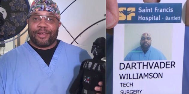 Darthvader Williamson, 39, is seen at St Francis Hospital-Bartlett in Tennessee where he's a surgery technician.