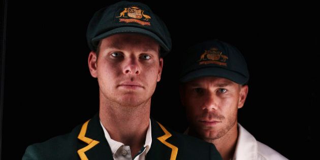 SYDNEY, AUSTRALIA - OCTOBER 19: Steve Smith and David Warner of Australia pose during an Australian Test Cricket Portrait Session on October 19, 2015 in Sydney, Australia. (Photo by Ryan Pierse/Getty Images)
