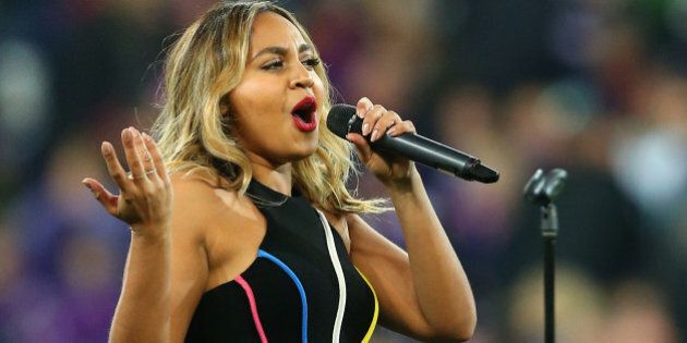 MELBOURNE, AUSTRALIA - SEPTEMBER 26: Jessica Mauboy performs during the NRL Second Preliminary Final match between the Melbourne Storm and the North Queensland Cowboys at AAMI Park on September 26, 2015 in Melbourne, Australia. (Photo by Quinn Rooney/Getty Images)