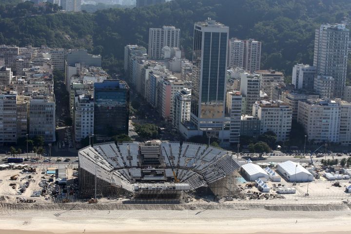 The beach volleyball stadium on Copacabana Beach, near where the Nine crew was attacked. Some matches will start at midnight here.