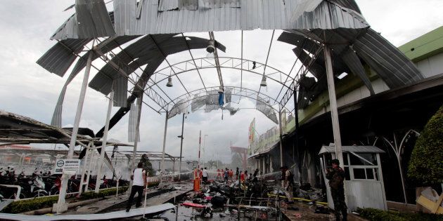 The blast site where the car bomb exploded outside a supermarket in Pattani, Thailand.
