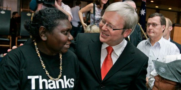CANBERRA, AUSTRALIA - FEBRUARY 13: Australian Prime Minister Kevin Rudd meets with Raymattja Marika after delivering an apology to the Aboriginal people for injustices committed over two centuries of white settlement at the Australian Parliament on February 13, 2008 in Canberra, Australia. Rudd's apology referred to the 'past mistreatment' of all Aborigines, singling out the 'Stolen Generations', the tens of thousands of Aboriginal children taken from their families by governments between 1910 and the early 1970s, in a bid to assimilate them into white society. (Photo by Andrew Sheargold/Getty Images)