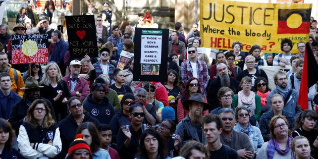 Demonstrators gathered outside Sydney's Town Hall, with rallies also underway in Melbourne, Adelaide, Darwin, Canberra and Perth.