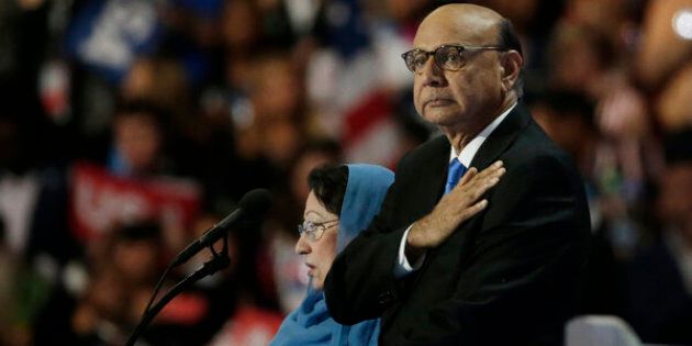 Khizr Khan, who's son Humayun (R) was killed serving in the U.S. Army ten years after September 11, 2001, places his hand over his heart at the Democratic National Convention in Philadelphia, Pennsylvania, U.S. July 28, 2016. REUTERS/Gary Cameron