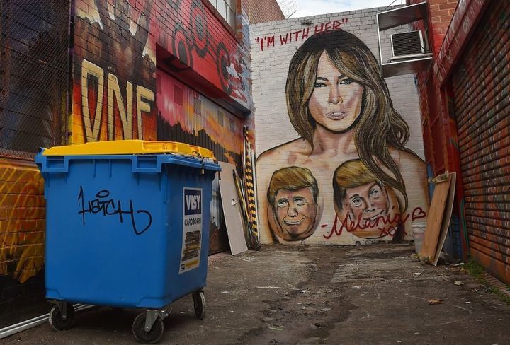 A mural depicting Republican US presidential nominee Donald Trump's wife Melania, with Trump's face over her breasts.