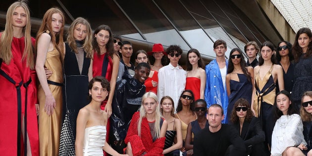 Designer Dion Lee with models following the Mercedes-Benz Presents Dion Lee show at Mercedes-Benz Fashion Week Resort 18 Collections at the Sydney Opera House.