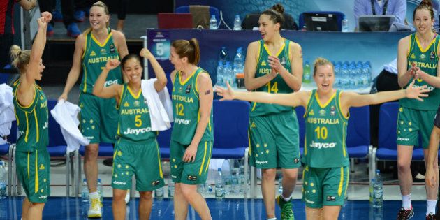 ISTANBUL, TURKEY - OCTOBER 5: Australia's players celebrate their win agaist Turkey in the 2014 FIBA Women's World Championships 3rd place basketball match at Fenerbahce Ulker Sports Arena on October 5, 2014 in Istanbul, Turkey. (Photo by Getty Images)