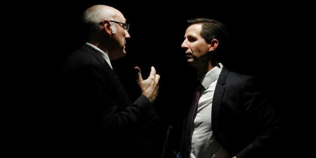 Universities Australia Chair Professor Barney Glover and Education Minister Simon Birmingham together, but not of the same mind on uni funding.