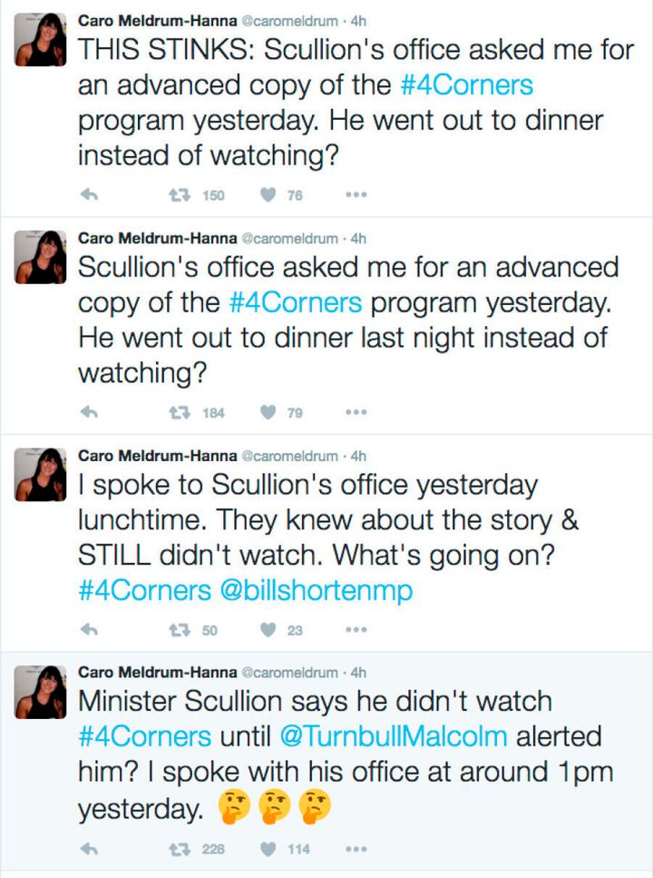 'This Stinks' -- Four Corner's reporter Caro Meldrum-Hanna calls out Scullion's initial response to the scandal.