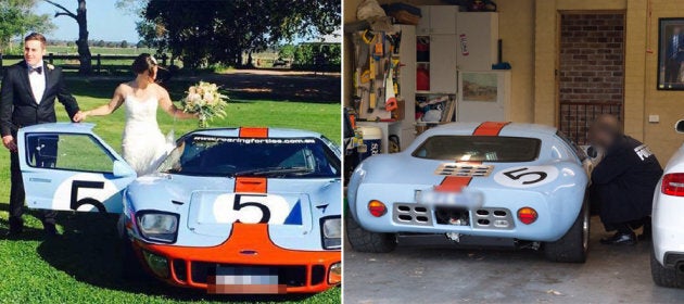 Adam Cranston on his wedding day with wife Elizabeth (left) and (right) police examining his luxury car at his Bondi property on Wednesday. Racing cars were among the goods seized by the AFP during raids on 28 homes and businesses.