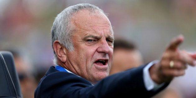 NEWCASTLE, AUSTRALIA - OCTOBER 17: Graham Arnold coach of Sydney FC gestures during the round two A-League match between the Newcastle Jets and Sydney FC at Hunter Stadium on October 17, 2015 in Newcastle, Australia. (Photo by Ashley Feder/Getty Images)