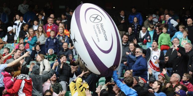 LONDON, ENGLAND - MAY 11: The crowd play with a giant rugby ball in the stands during The Marriott London Sevens - Day 2 at Twickenham Stadium on May 11, 2014 in London, England. (Photo by Tony Marshall - RFU/The RFU Collection via Getty Images)