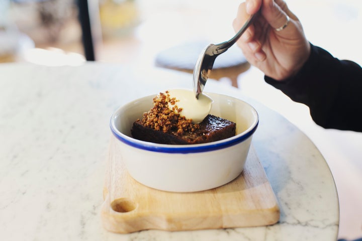 Warm sticky toffee pudding with cream is the ultimate winter dessert.