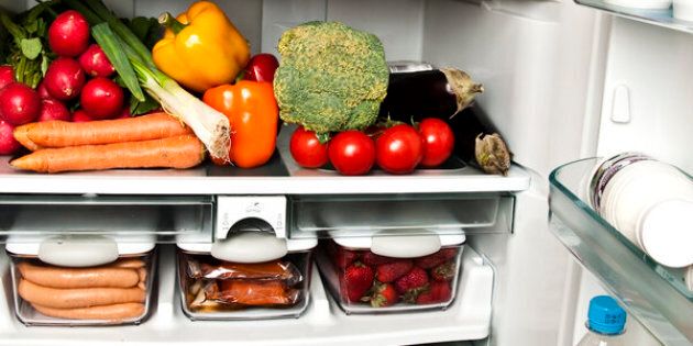 Refrigerator full of food close up