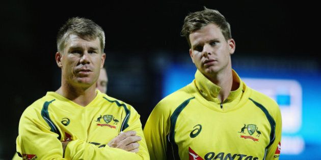 HAMILTON, NEW ZEALAND - FEBRUARY 08: David Warner of Australia and Steve Smith of Australia look on after losing the 3rd One Day International cricket match between the New Zealand Black Caps and Australia at Seddon Park on February 8, 2016 in Hamilton, New Zealand. (Photo by Hannah Peters/Getty Images)