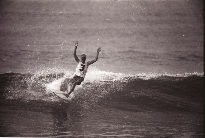 Midget Farrelly winning the World Surfing Championship in Manly.