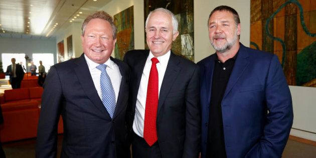Andrew Forrest, Prime Minister Malcolm Turnbull and Russell Crowe in Parliament House.