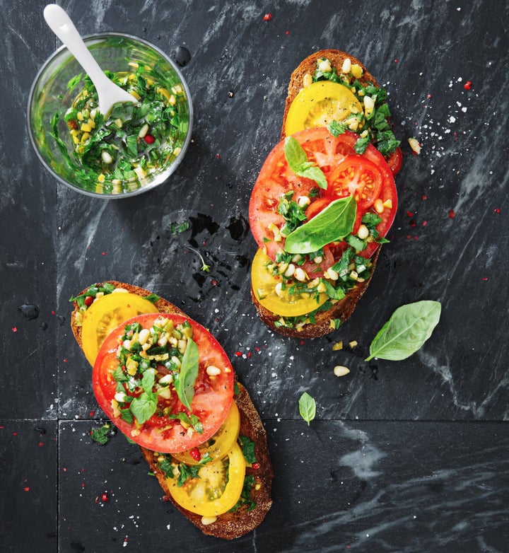 Tomato bruschetta without olive oil is like nachos with guac. Just ask Jamie Oliver.