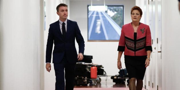 Senator Pauline Hanson and her adviser James Ashby in Parliament House.