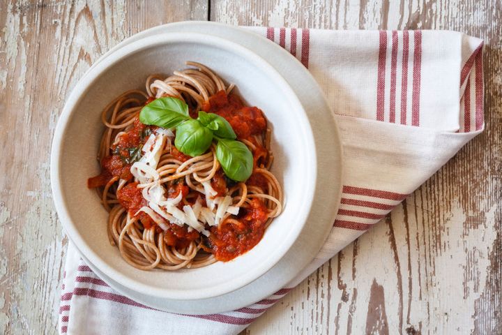 A standard serving of pasta can look (and feel) way smaller in a large bowl.
