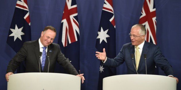 Australia's Prime Minister Malcolm Turnbull (R) and New Zealand Prime Minister John Key (L) hold a joint press conference in Sydney on February 19, 2016. The leaders are participating in the Australia-New Zealand Leaders' Meeting 2016. AFP PHOTO / Peter PARKS / AFP / PETER PARKS (Photo credit should read PETER PARKS/AFP/Getty Images)