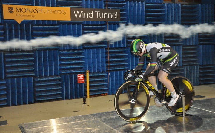 Cyclist Anna Meares trains inside the Monash University Wind Tunnel to determine drag and wind resistance.