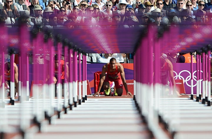 U.S. decathlon runner Ashton Eaton prepares for a heat in the London 2012 Olympic Games.