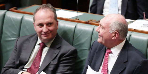 CANBERRA, AUSTRALIA - FEBRUARY 10: Deputy Prime Minister Warren Truss and Minister for Agriculture and Water Resources Barnaby Joyce during House of Representatives question time at Parliament House on February 10, 2016 in Canberra, Australia. (Photo by Stefan Postles/Getty Images)