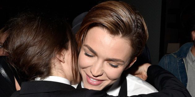 TORONTO, ON - SEPTEMBER 13: Actors Ellen Page (L) and Ruby Rose hug at the Vanity Fair toast of 'Freeheld' at TIFF 2015 presented by Hugo Boss and supported by Jaeger-LeCoultre at Montecito Restaurant on September 13, 2015 in Toronto, Canada. (Photo by George Pimentel/Getty Images for Vanity Fair)