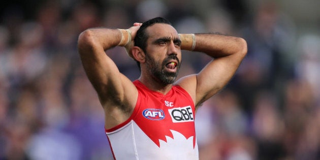 PERTH, AUSTRALIA - SEPTEMBER 12: Adam Goodes of the Swans looks on after being defeated during the First AFL Qualifying Final match between the Fremantle Dockers and the Sydney Swans at Domain Stadium on September 12, 2015 in Perth, Australia. (Photo by Paul Kane/Getty Images)