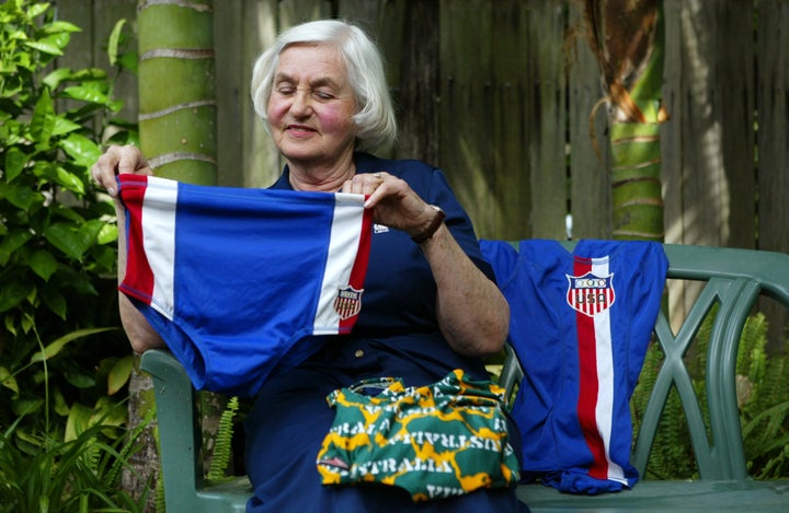 This is 1960s Speedo designer Gloria Smyth with the cutting-edge, 8-inch sided trunks that the USA swim used at the 1964 Tokyo Olympic Games.