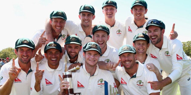 CHRISTCHURCH, NEW ZEALAND - FEBRUARY 24: The Australian Team celebrate with Trans Tasman Trophy during day five of the Test match between New Zealand and Australia at Hagley Oval on February 24, 2016 in Christchurch, New Zealand. (Photo by Ryan Pierse/Getty Images)