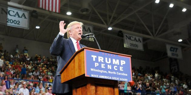 WILMINGTON, NC - AUGUST 9: Republican presidential candidate Donald Trump speaks at a campaign event at Trask Coliseum on August 9, 2016 in Wilmington, North Carolina. This was Trump's first visit to southeastern North Carolina since he entered the presidential race. (Photo by Sara D. Davis/Getty Images)