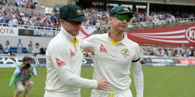 LONDON, ENGLAND - AUGUST 23: Australian captain Michael Clarke and Chris Rogers embrace ahead of day four of the 5th Investec Ashes Test match between England and Australia at The Kia Oval on August 23, 2015 in London, United Kingdom. (Photo by Gareth Copley/Getty Images)