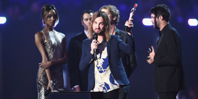 LONDON, ENGLAND - FEBRUARY 24: Kevin Palmer from Tame Impala with their Best International Group award on stage during the BRIT Awards 2016 at The O2 Arena on February 24, 2016 in London, England. (Photo by Ian Gavan/Getty Images)