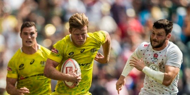 HONG KONG - MARCH 29: Cameron Clark of Australia looks on during the Australia vs England HSBC Sevens World Series Plates Semi Finals match as part of the Hong Kong Sevens, the sixth round of the HSBC Sevens World series at the Hong Kong International Stadium on March 29, 2015 in Hong Kong, Hong Kong (Photo by Aitor Alcalde/Getty Images)