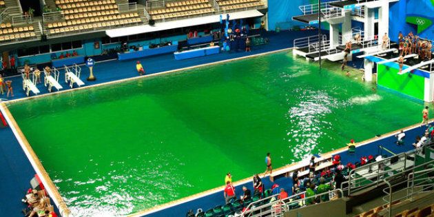 This photo of the Olympic diving pool on Tuesday shows the water at the peak of its green swing.