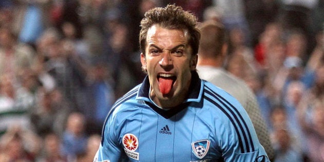 FILE - In this Oct. 20, 2012 file photo, Sydney FC player Alessandro Del Piero celebrates after scoring a goal against Western Sydney Wanderers during their A-league soccer match in Sydney, Australia. A vacancy at Sydney FC may have given former Juventus striker Alessandro Del Piero another possible career option in the A-League. Del Piero has yet to sign a new playing contract for next season after two years as the highest profile marquee signing ever in the Australian domestic competition. But the firing Wednesday, April 23, 2014 of Frank Farina - the team's seventh coach in nine seasons - has triggered hype in the Australian media that the 2006 World Cup winner might move into a coaching role next season. (AP Photo/Rob Griffith, File)