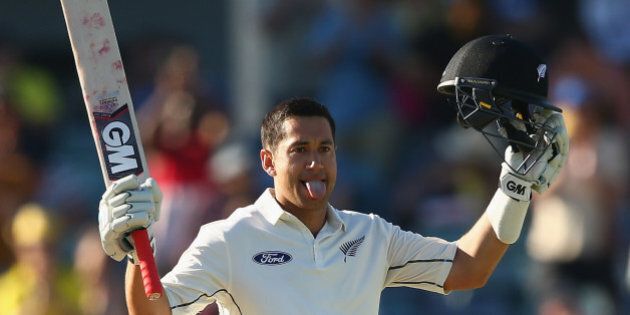 PERTH, AUSTRALIA - NOVEMBER 15: Ross Taylor of New Zealand celebrates after reaching his double century during day three of the second Test match between Australia and New Zealand at the WACA on November 15, 2015 in Perth, Australia. (Photo by Robert Cianflone/Getty Images)