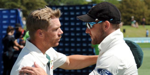 Australiaâs David Warner, left, and New Zealandâs Brendon McCullum shake hands as McCullum retires from international cricket match on the fifth day of the second international cricket test match at Hagley Park Oval in Christchurch, New Zealand, Wednesday, Feb. 24, 2016. (Ross Setford/SNPA via AP) NEW ZEALAND OUT