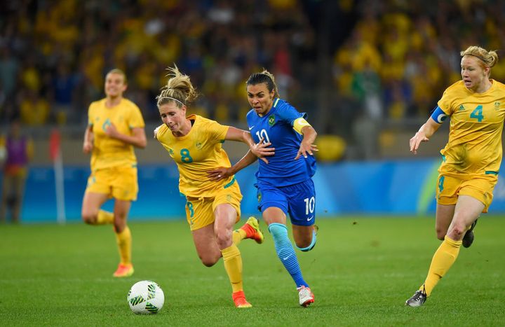 Marta, in 10, is regarded as the best female player of all time, but almost lost the game for Brazil with her missed penalty. She earned a reprieve.